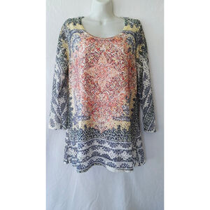 Reba sz XL Made in USA Long Sleeve mesh lined eyelet argyle beach vacation top